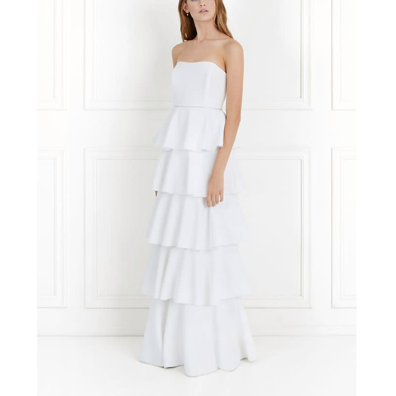 <p><a rel="nofollow noopener" href="https://shoprachelzoe.com/shop/ready-to-wear/dresses/olympia-tiered-stretch-crepe-strapless-gown/?attribute_pa_color=ecr" target="_blank" data-ylk="slk:Rachel Zoe Olympia Tiered Stretch-Crepe Strapless Gown;elm:context_link;itc:0;sec:content-canvas" class="link ">Rachel Zoe Olympia Tiered Stretch-Crepe Strapless Gown</a>, $725</p>