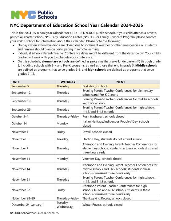 When is the first day of school in New York City? 20242025 calendar is out