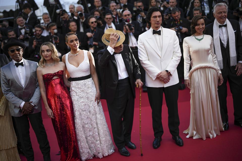 Giancarlo Esposito, from left, Chloe Fineman, Nathalie Emmanuel, director Francis Ford Coppola, Adam Driver, Aubrey Plaza and Jon Voight pose for photographers upon arrival at the premiere of the film 'Megalopolis' at the 77th international film festival, Cannes, southern France, Thursday, May 16, 2024. (Photo by Daniel Cole/Invision/AP)