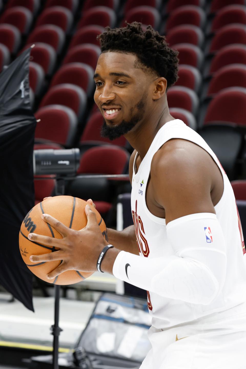 Cleveland Cavaliers guard Donovan Mitchell poses for a portrait during the NBA basketball team's media day, Monday, Sept. 26, 2022, in Cleveland. (AP Photo/Ron Schwane)