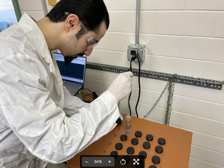 Payam Hosseini, research scientist at University of Wisconsin-Madison, is creating a carbon-negative cement in the university's Sustainable Materials Innovation Lab. / Credit: Renee Meiller, University of Wisconsin-Madison College of Engineering  