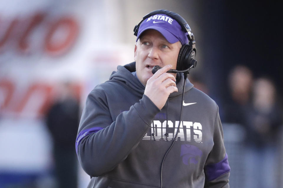 Kansas State head coach Chris Klieman watches from the sideline in the first half of the Liberty Bowl NCAA college football game against Navy Tuesday, Dec. 31, 2019, in Memphis, Tenn. (AP Photo/Mark Humphrey)