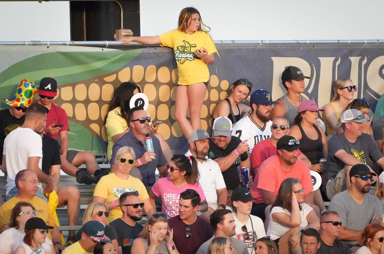 Fans watch as the Savannah Bananas take on the Party Animals during a baseball game on Friday, Aug. 25, 2023, at Principal Park in Des Moines.