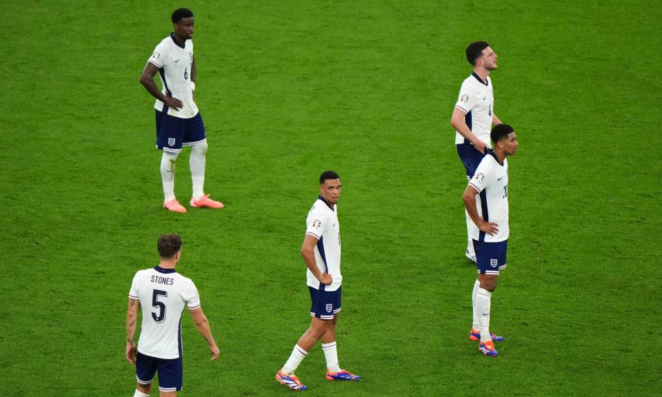 <span>The England players react to Denmark’s equaliser. They are playing like a team with a migraine.</span><span>Photograph: Bradley Collyer/PA</span>