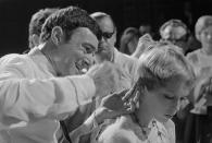 <p>Celebrity hairstylist, Vidal Sassoon, cuts Farrow's famous pixie in front of the press, as the actress prepares for her upcoming role in <em>Rosemary's Baby</em>. </p>