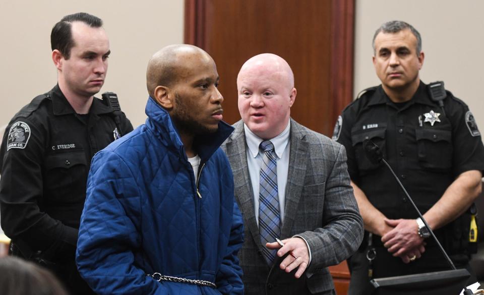 "You need to stop," Public Defender Steven Feigelson tells client Willie Charles Woods, 27, as Woods continues cursing at Judge Rosemarie Aquilina during his sentencing hearing at Veteran's Courthouse in Lansing, Wednesday, April 5, 2023. Wood was found guilty of first-degree murder, where he brutally stabbed and killed 66-year-old Ernie Bell in 2020.  Displaying no remorse, he told Aquilina: "Why don't you give me my time so I can get out of here?"