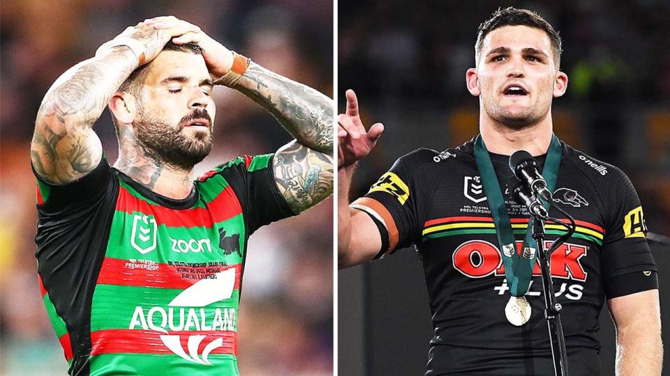 Ivan Cleary (pictured right) during a speech and (pictured left) Adam Reynolds looking gutted.