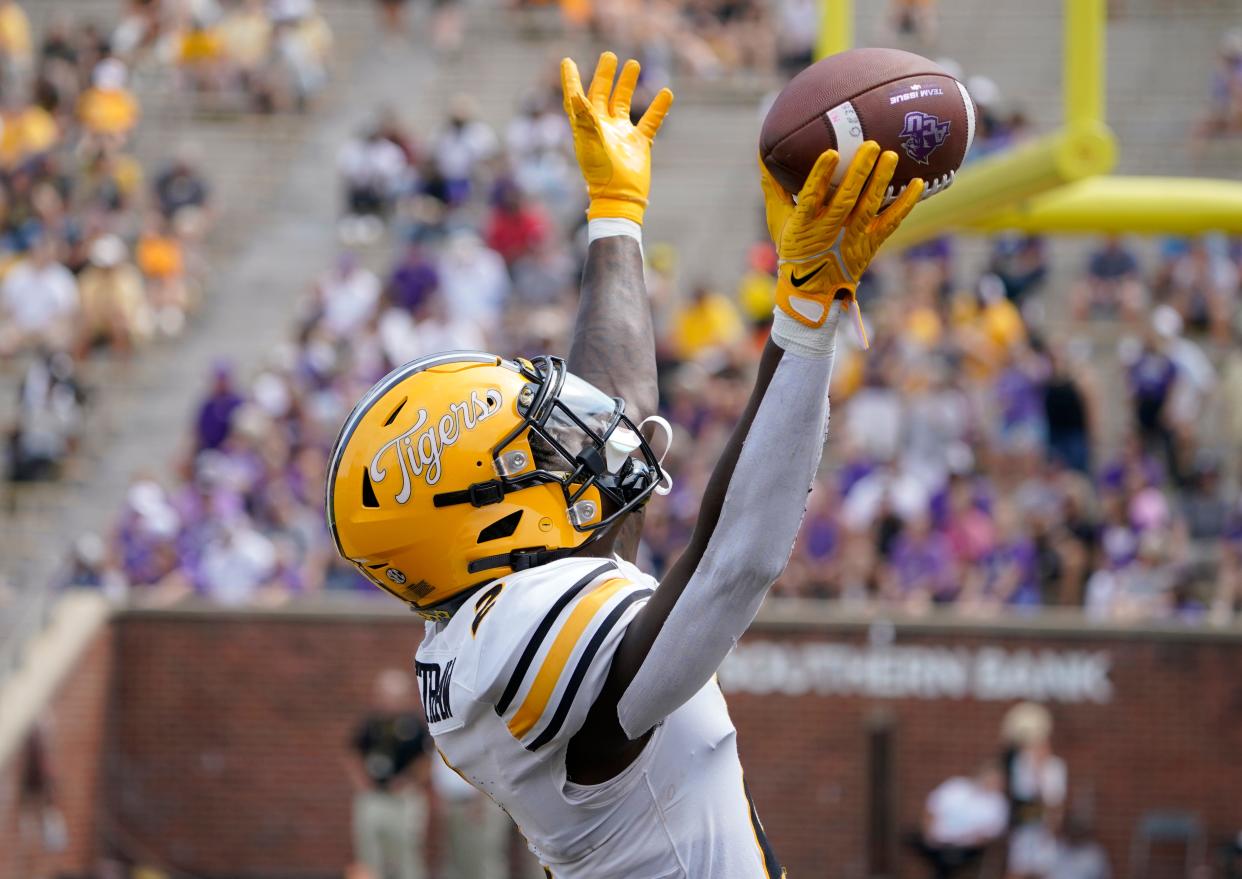 COLUMBIA, MO - SEPTEMBER 17: Defensive back Ennis Rakestraw Jr. #2 of the Missouri Tigers celebrates his interception against the Abilene Christian Wildcats in the third quarter at Faurot Field/Memorial Stadium on September 17, 2022 in Columbia, Missouri. (Photo by Ed Zurga/Getty Images)