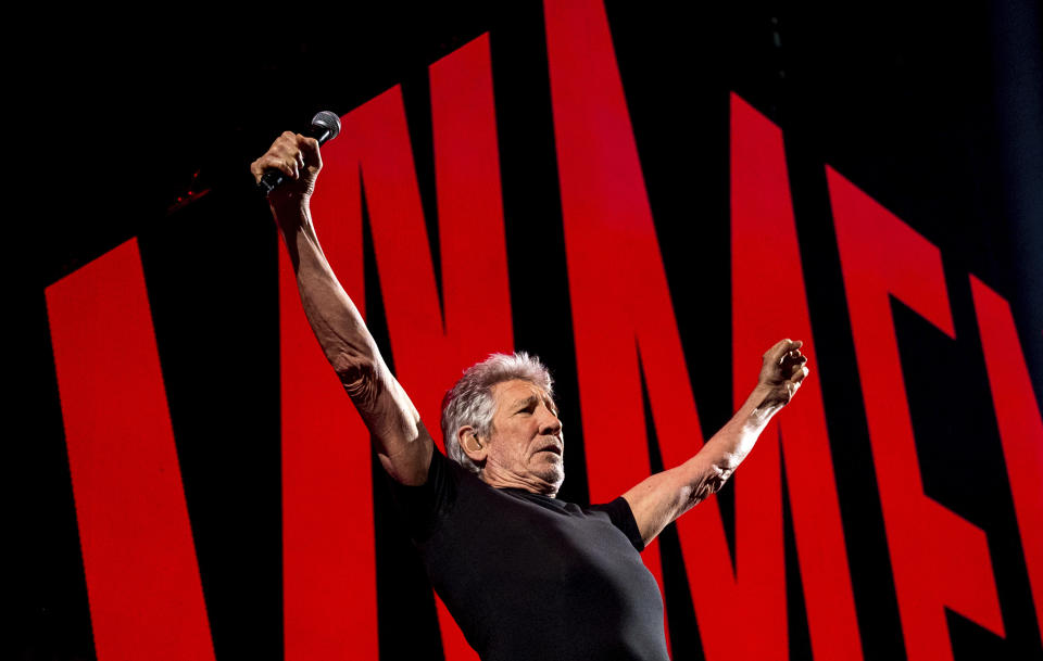 Roger Waters performs at Barclays Arena in Hamburg, Germany, on Sunday, May 7, 2023, to kick off his "This Is Not A Drill" tour of Germany. (Daniel Bockwoldt/dpa via AP)