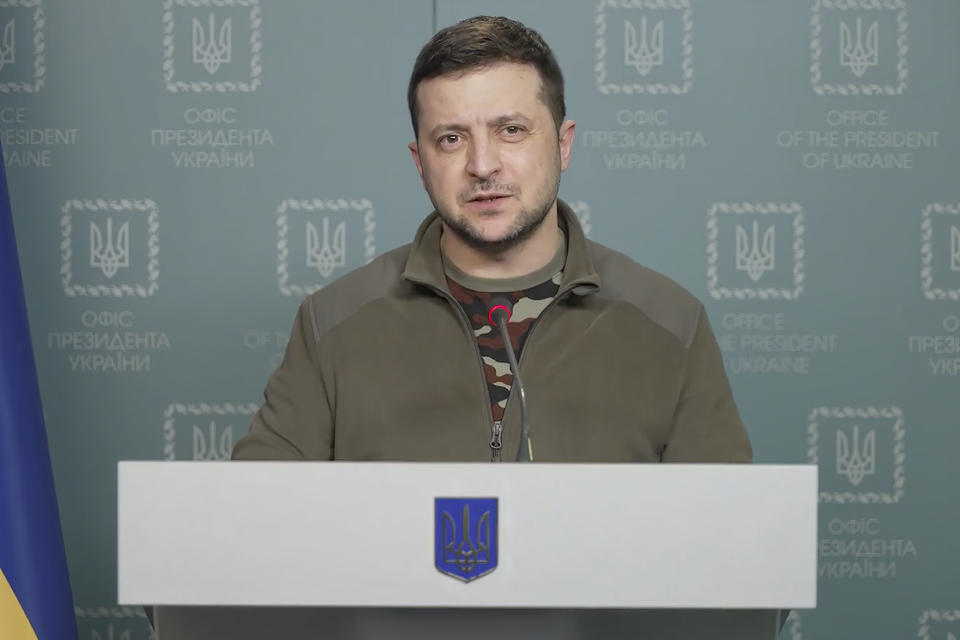 In this image from video provided by the Ukrainian Presidential Press Office, Ukrainian President Volodymyr Zelenskyy speaks in Kyiv, Ukraine, Sunday, March 6, 2022. (Ukrainian Presidential Press Office via AP)