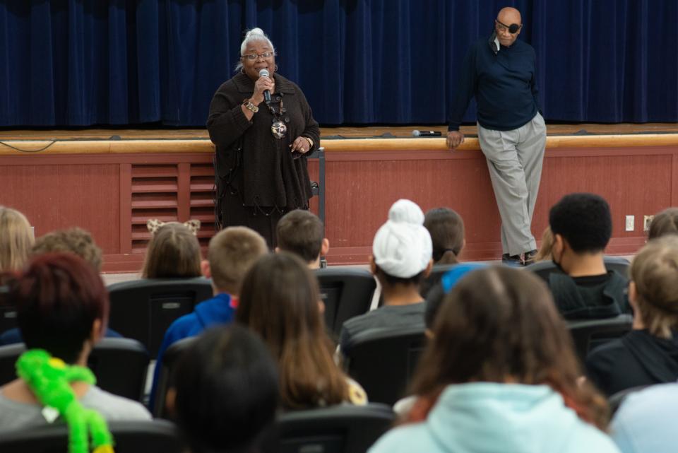 USD 501 administrator Beryl New introduces Topeka Collegiate students to retired principal Dale Cushinberry on Friday to talk about what it was like growing up in Topeka while the Brown v. Board of Education Supreme Court case was taking place.