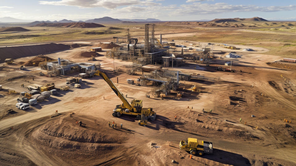 Aerial view of a manned drilling rig at a precious metals mine in the Americas.