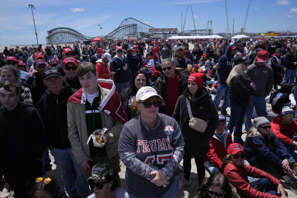 People gather ahead of a campaign rally for Republican presidential candidate former President Donald Trump in Wildwood, N.J., Saturday, May 11, 2024. (AP Photo/Matt Rourke)