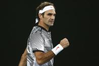 Tennis - Australian Open - Melbourne Park, Melbourne, Australia - 24/1/17 Switzerland's Roger Federer reacts during his Men's singles quarter-final match against Germany's Mischa Zverev. REUTERS/Thomas Peter