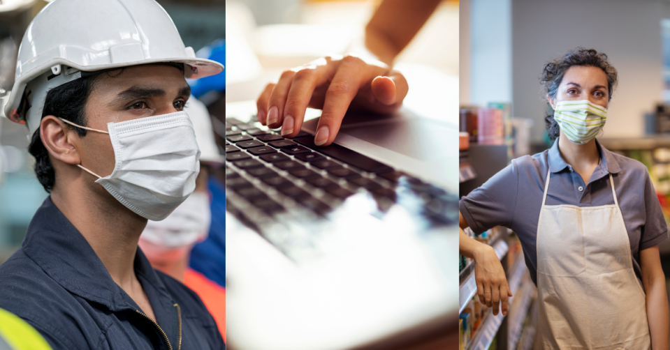 Manufacturing working with a mask, hand on laptop keyboards and grocery worker with mask.