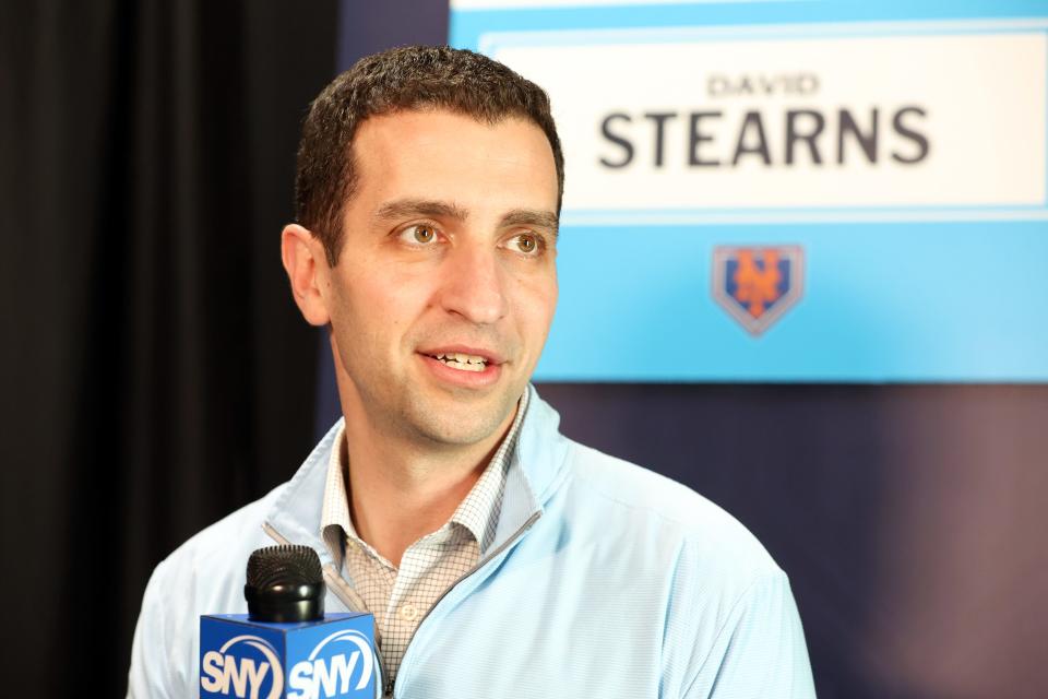 New York Mets president of baseball operations David Stearns talks with media at George M. Steinbrenner Field on Feb. 15, 2024, in Tampa, Fla.