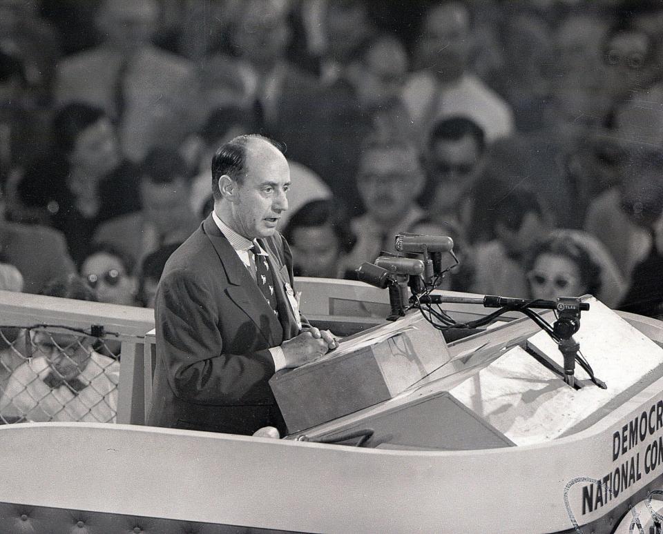 In this July 25, 1952, file photo, Illinois Gov. Adlai Stevenson addresses the Democratic National Convention in Chicago.