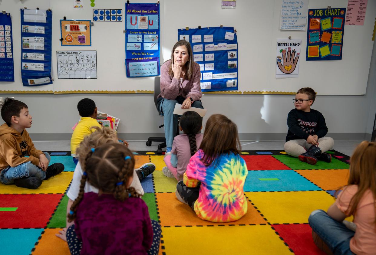 Teresa Miller teaches a transitional kindergarten class at Early Elementary School in Storm Lake, Tuesday, Nov. 28, 2023.