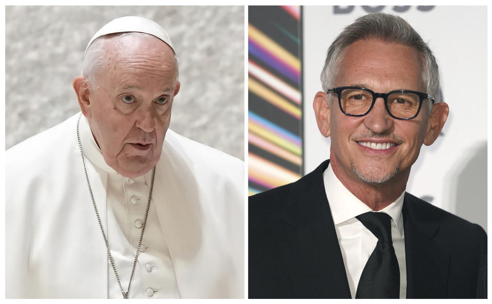 In this combination of photos, Pope Francis, left, arrives for an audience with members of Roman Universities and Pontifical Institutions at the Vatican on Feb. 25, 2023, and BBC sportscaster Gary Lineker attends the GQ Men of The Year Awards, at the Tate Modern, in London, on Sept. 1, 2021. In recent days, Pope Francis compared Nicaragua’s repression of Catholics to Hitler’s rule in Germany, while in Britain, Lineker was briefly suspended for likening the nation’s asylum policy to 1930s Germany. For Holocaust and anti-Nazi scholars and organizations, the two sentiments were understandable — but concerning. (AP Photo/Files)