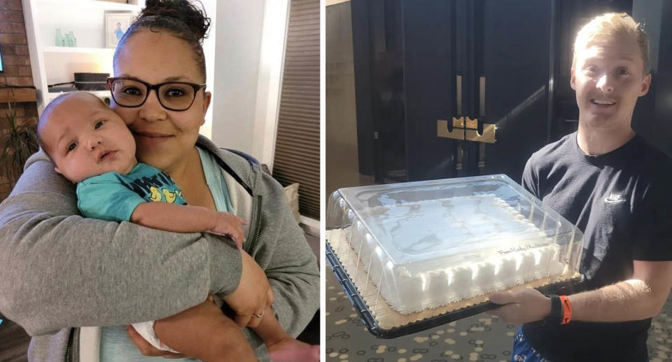 Instacart driver Denise Baldwin and her baby (left) and Nike operations specialist Mac Myers holding the cake (right).