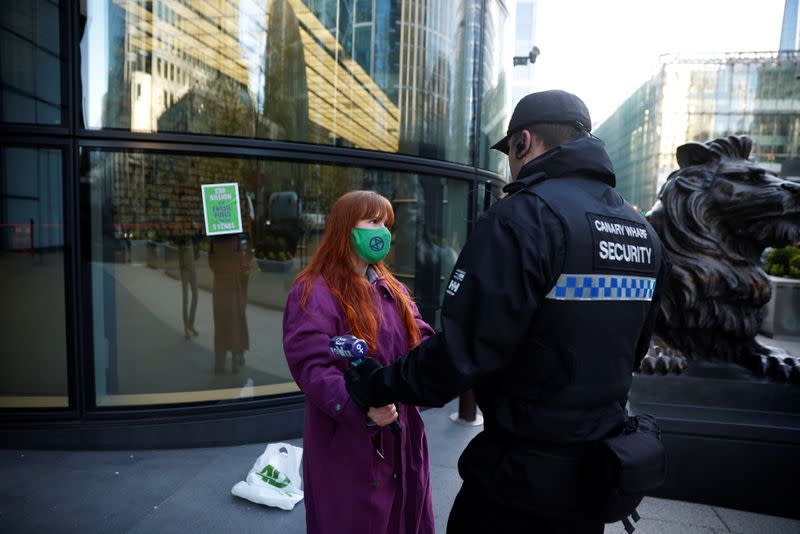 Extinction Rebellion activists protest at Canary Wharf in London