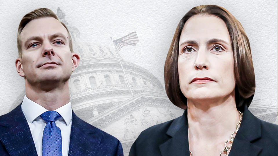 David Holmes, political counselor at the U.S Embassy in Kiev, left and Fiona Hill, the National Security Council’s former senior director for Europe and Russia. (Yahoo News photo illustration; photos: AP, Getty Images)