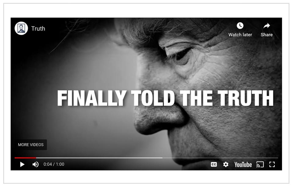 A screen capture from the ad 'Truth' by the Lincoln Project. In this video, Trump is taken to task for saying in Tulsa last month that he wanted testing for coronavirus to be slowed so more cases weren’t uncovered.