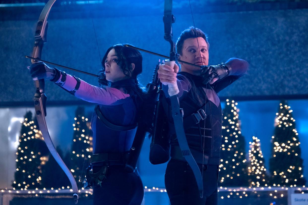 Kate Bishop (Hailee Steinfeld) and Clint Barton (Jeremy Renner) team up for a Christmastime adventure in Marvel's "Hawkeye" series.