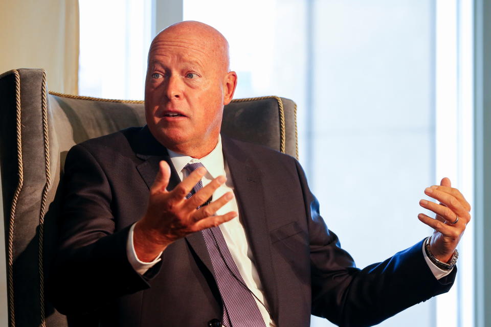 Walt Disney Company CEO Bob Chapek gestures as he speaks at the Boston College Chief Executives Club luncheon in Boston, Massachusetts, U.S., November 15, 2021. REUTERS/Katherine Taylor