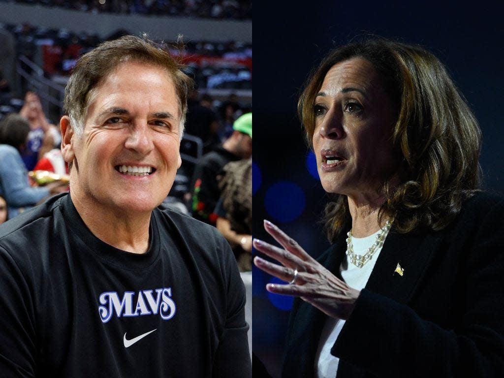 Mark Cuban at a match at Crypto.com Arena in Los Angeles, California; Kamala Harris at a rally in Charlotte, North Carolina.