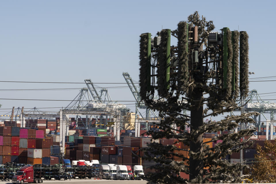 In this Tuesday, Oct. 19, 2021, photo a cellular tower disguised as a tree, right, is seen next to cargo containers sit stacked at the Port of Los Angeles in San Pedro Calif. California Gov, Gavin Newsom on Wednesday, Oct. 20, 2021 issued an order that aims to ease bottlenecks at the ports of Los Angeles and Long Beach that have spilled over into neighborhoods where cargo trucks are clogging residential streets. Last week the White House allowed the ports complex to become a 24-hour operation in an effort to break the logjam and reduce shipping delays. (AP Photo/Damian Dovarganes)