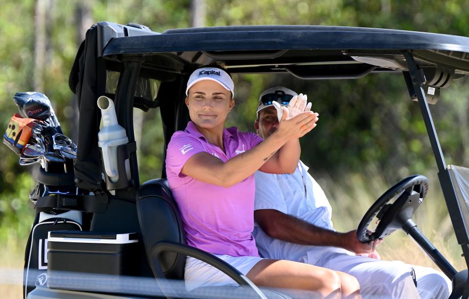 Lexi Thompson reacts to a putt on the 7th green during the 2022 CME Group Tour Golf Championship Pro-Am.