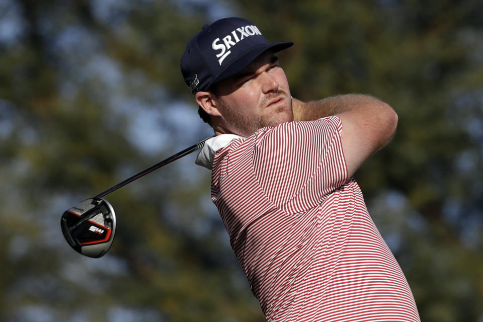 Grayson Murray hits from the ninth tee during the first round of The American Express golf tournament on the Stadium Course at PGA West Thursday, Jan. 16, 2020, in La Quinta, Calif. (AP Photo/Marcio Jose Sanchez)