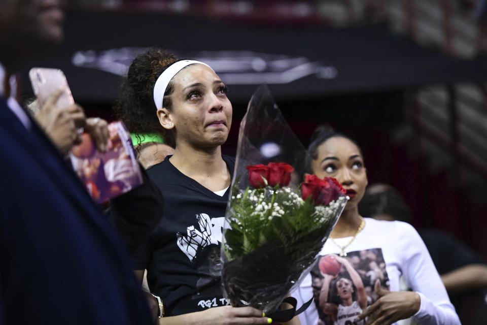 South Carolina forward Mikiah Herbert Harrigan cries before being introduced for senior day before an NCAA college basketball game against Texas A&M Sunday, March 1, 2020, in Columbia, S.C. (AP Photo/Sean Rayford)