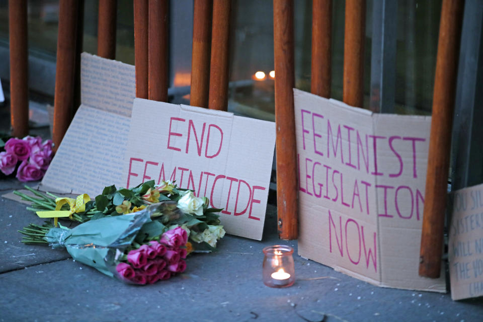 Candles and slogans outside the Scottish Parliament after the Reclaim These Streets vigil for Sarah Everard in Edinburgh was cancelled. Serving police constable Wayne Couzens, 48, was charged on Friday evening with kidnapping and killing the marketing executive, who went missing while walking home from a friend's flat in south London on March 3. Picture date: Friday March 12, 2021. Picture date: Saturday March 13, 2021.