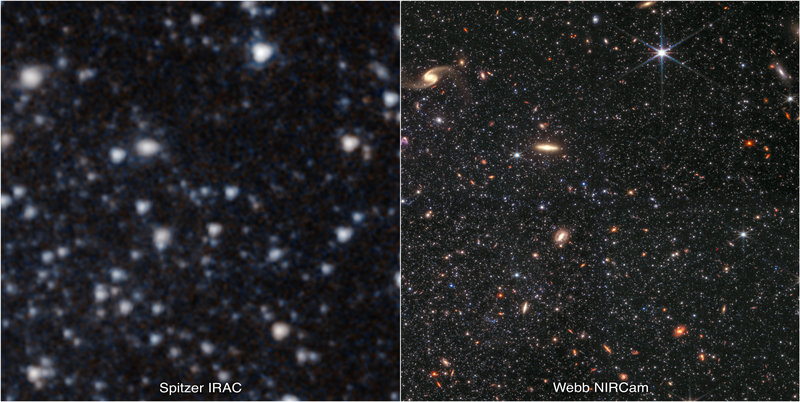 Spitzer and Webb images of the Wolf-Lundmark-Melotte dwarf galaxy.