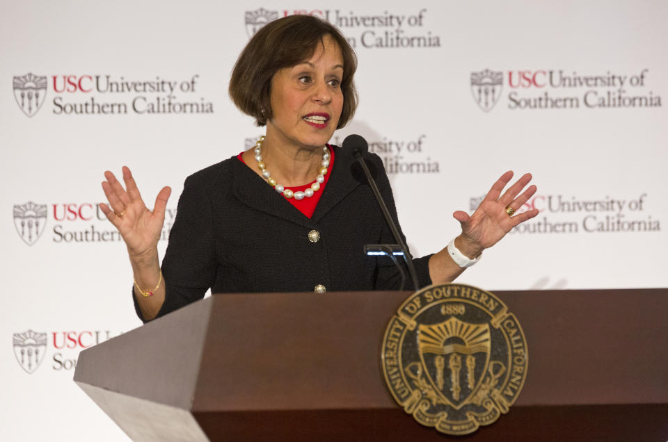 Carol Folt takes questions after being named as University of Southern California's 12th president in Los Angeles Wednesday, March 20, 2019. The announcement comes a week after news broke of a massive college bribery scandal involving USC and other universities across the country. She will take office as USC's new president on July 1. (AP Photo/Damian Dovarganes)