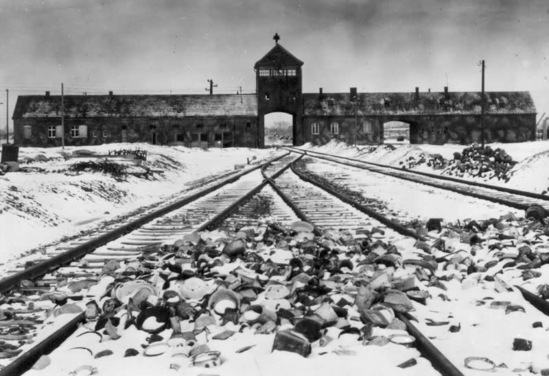 FILE PHOTO: An undated archive photograph shows Auschwitz II-Birkenau's main guard house which prisoners called "the gate of death\