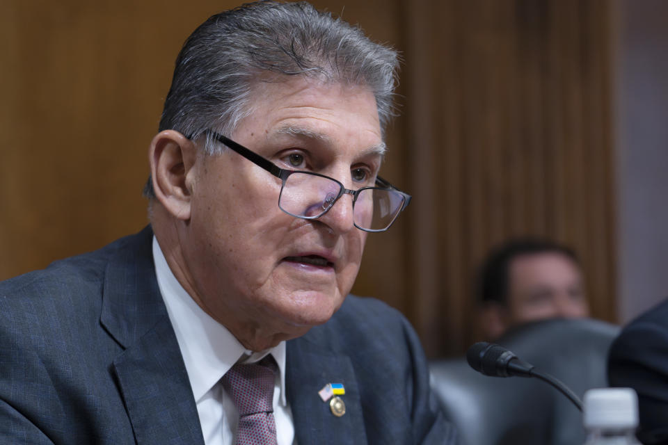 FILE - Sen. Joe Manchin, D-W.Va., chair of the Senate Energy and Natural Resources Committee, speaks during a committee hearing, May 2, 2023, on Capitol Hill in Washington. The Biden administration on Friday proposed up to three oil and gas lease sales in the Gulf of Mexico over the next five years — and none in Alaska — as it tries to navigate between energy companies that have pressed for greater oil and gas production and environmental activists who have urged President Joe Biden to shut down new offshore drilling in the fight against climate change. (AP Photo/J. Scott Applewhite, File)