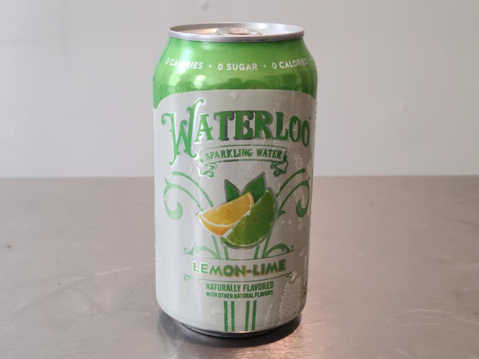 can of waterloo lemon lime sparkling water on a kitchen counter