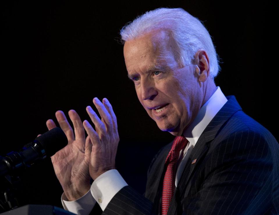 Vice President Joe Biden gestures as he speaks at the U.S. Hispanic Chamber of Commerce's 2014 Legislative Summit in Washington, Thursday, March 27, 2014. (AP Photo/Carolyn Kaster