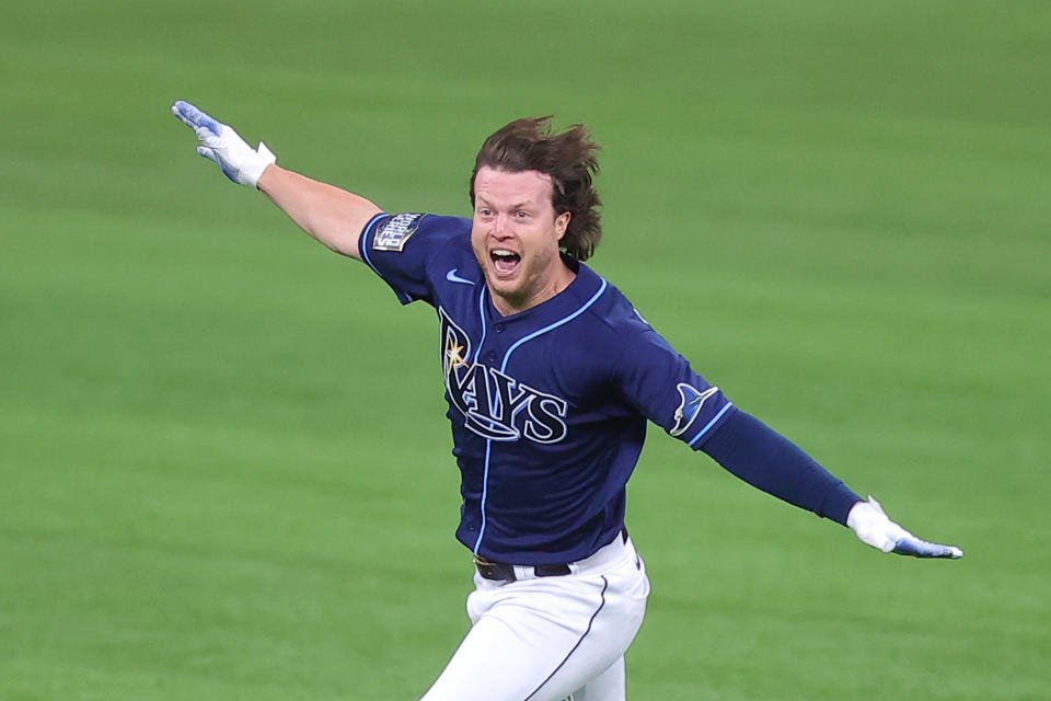 Brett Phillips celebrating his walk-off hit in World Series Game 4. (Photo by Ronald Martinez/Getty Images)