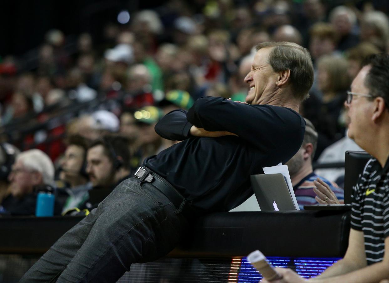 Oregon head coach Dana Altman reacts after a call in the second half as the Oregon Ducks host Wisconsin in the quarterfinal round of the NIT Tuesday, March 21, 2023 at Matthew Knight Arena in Eugene, Ore.