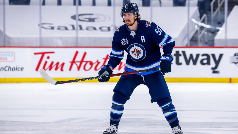 WINNIPEG, MB - JUNE 02: Mark Scheifele #55 of the Winnipeg Jets keeps an eye on the play during first period action against the Montreal Canadiens in Game One of the Second Round of the 2021 Stanley Cup Playoffs at Bell MTS Place on June 02, 2021 in Winnipeg, Manitoba, Canada. (Photo by Darcy Finley/NHLI via Getty Images)