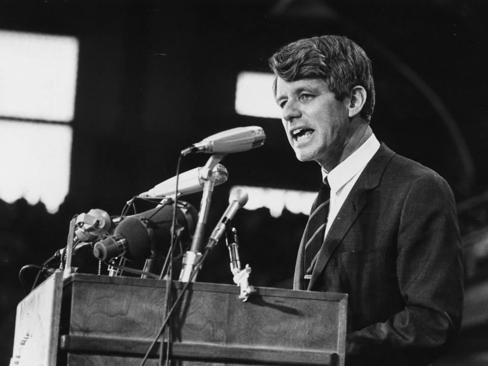 1968: Senator Robert Kennedy speaking at an election rally.