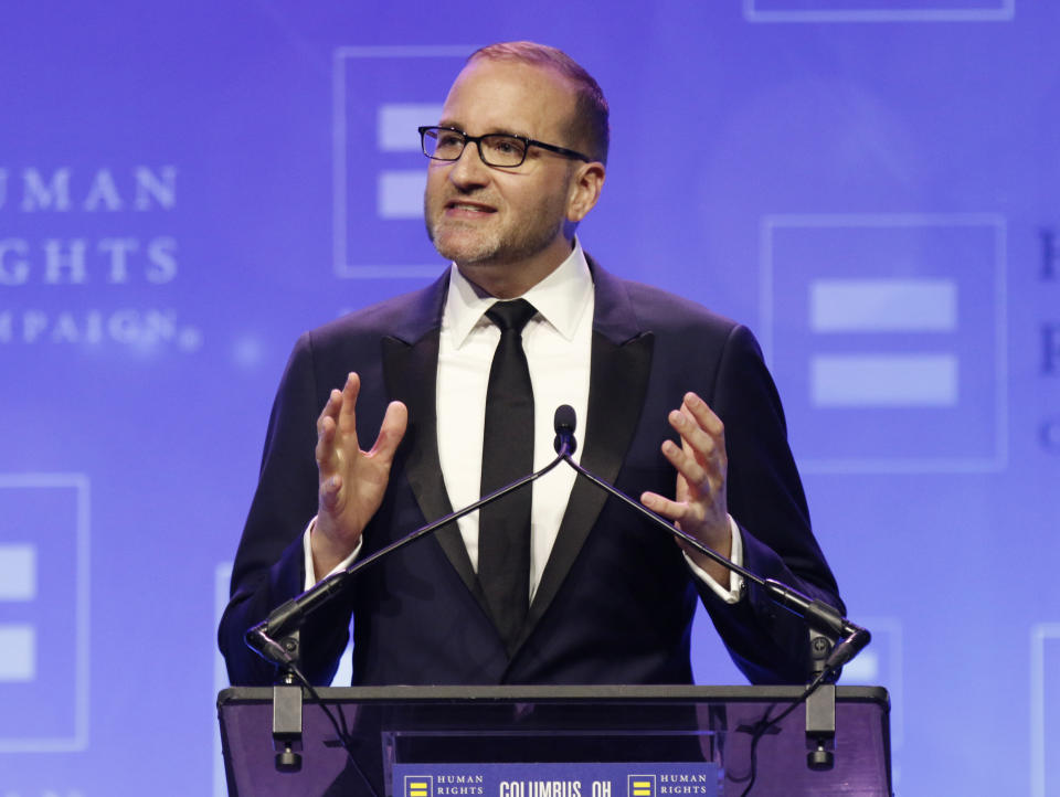 FILE - Human Rights Campaign president Chad Griffin speaks during the HRC Columbus, Ohio Dinner at Ohio State University, June 1, 2019. Griffin, who led the American Foundation for Equal Rights and the Human Rights Campaign, said it was common for lawmakers to tell him, "You know privately I’m with you, and you know so-and-so in my family is gay or lesbian, but politically, I can’t be out there.” (AP Photo/Paul Vernon, File)