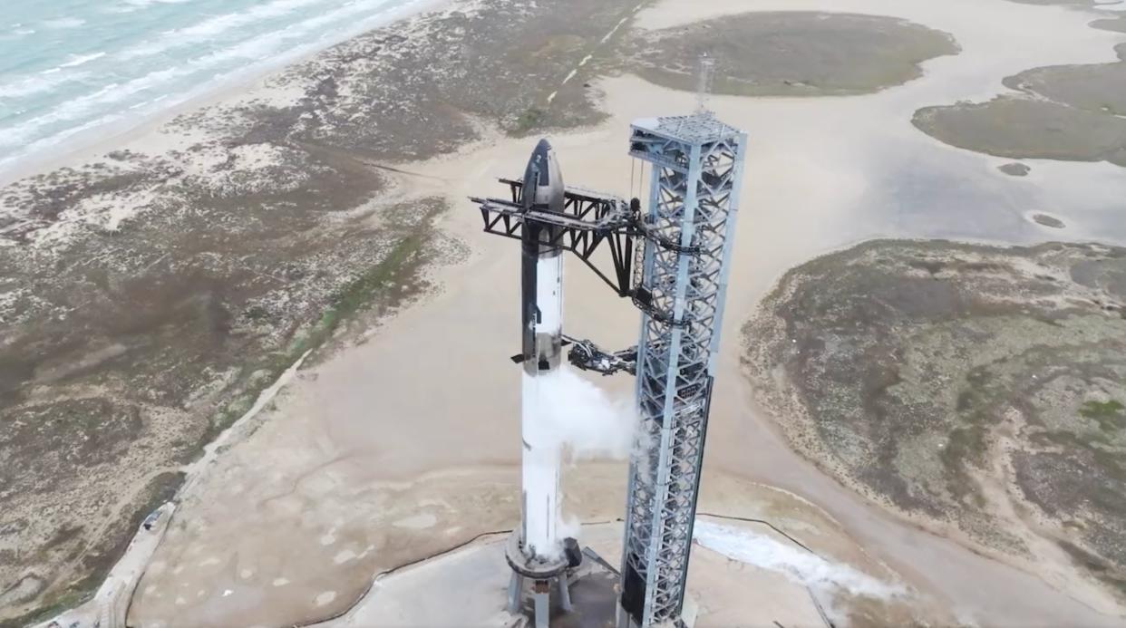  SpaceX conducted a wet dress rehearsal with its fully stacked Starship vehicle on Jan. 23, 2023 at its Starbase facility in South Texas. 