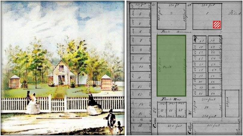 Left: 1860 drawing of the home of John and Julie Howe at the northwest corner of today's Park Street and Park Avenue. Right: The 1855 plat map shows the lots surrounding today's West Park. The Howe home location is marked red.