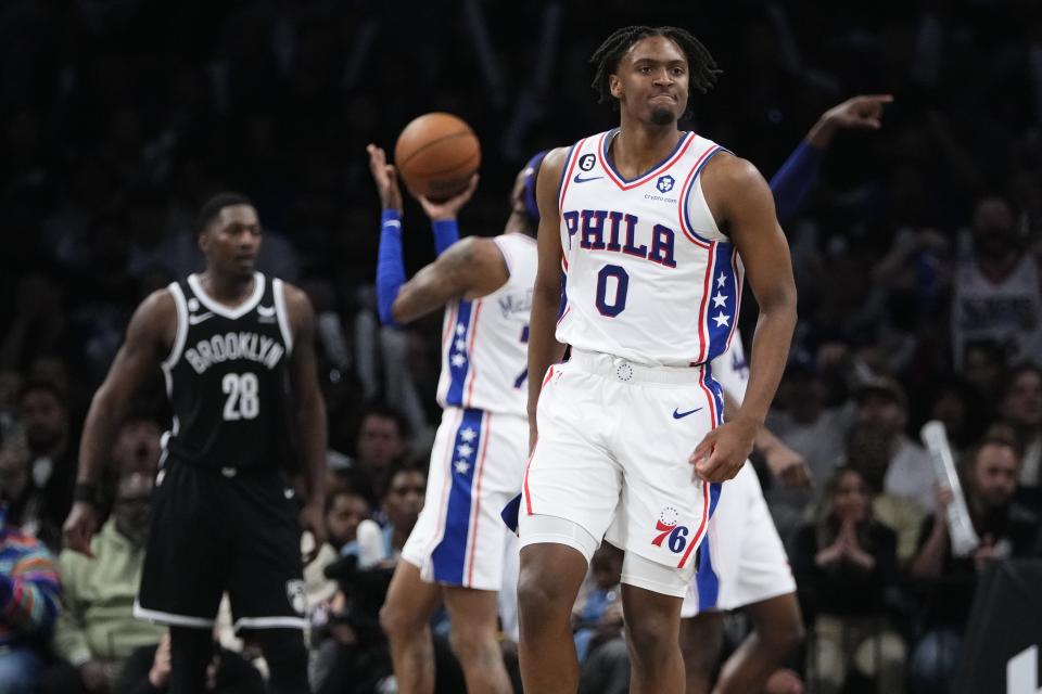 Philadelphia 76ers' Tyrese Maxey (0) reacts after scoring during the second half of Game 4 in an NBA basketball first-round playoff series against the Brooklyn Nets, Saturday, April 22, 2023, in New York. (AP Photo/Frank Franklin II)