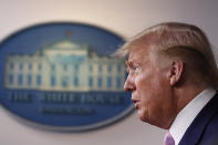 President Donald Trump speaks about the coronavirus in the James Brady Press Briefing Room of the White House, Wednesday, April 1, 2020, in Washington. Trump wants to spend $2 trillion on infrastructure projects to create jobs and help the collapsing economy rebuild from the coronavirus' stunning blows. House Speaker Nancy Pelosi says that seems about right. Sounds like the prelude to a bipartisan deal. Except that when it comes to trying to upgrade the country's road, rail, water and broadband systems, Washington frequently veers off the tracks — usually over the bill's contents and how to pay for it. (AP Photo/Alex Brandon)